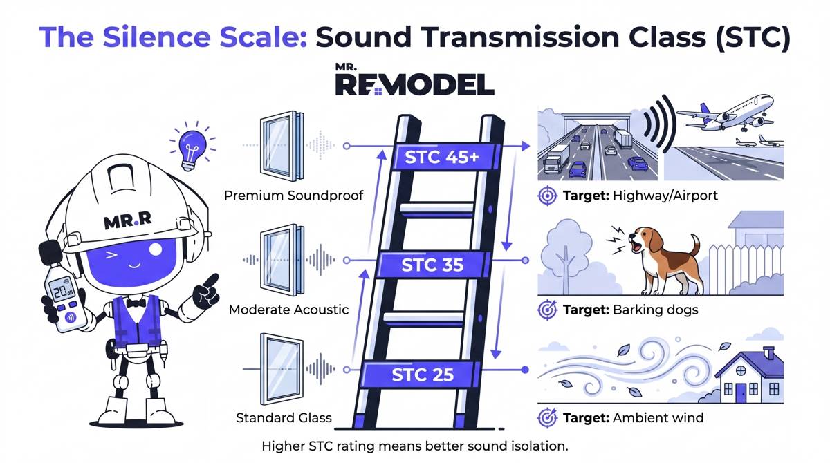 A soundproofing performance ladder (STC scale) that maps window types to the specific noise sources they are engineered to block.
